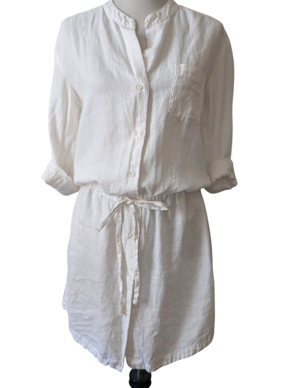 James Perse Womens Sz 3/L White 100% Linen Drawstring 3/4 Sleeve Mini Shirtdress